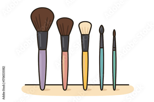 Set of colorful makeup brushes arranged on wooden stand makeup brushes on table