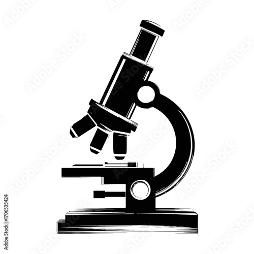 Scientific microscope illustration displaying modern design and sleek structure with focus on adjustable parts and detailed components. Perfect for educational materials and science-related graphics.