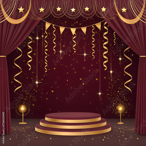 Deep burgundy backdrop with golden sparkles and streamers, elegant premium birthday mood.
