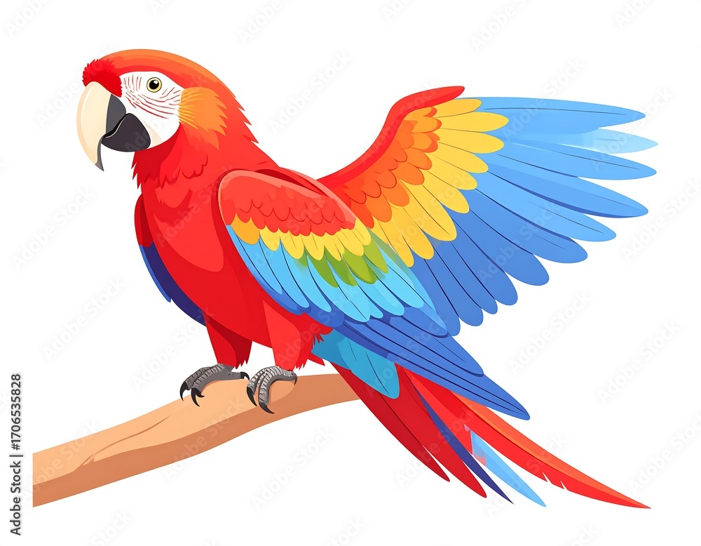 Fototapeta premium Colorful parrot perched on branch, wings outstretched