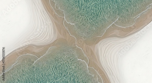 Symmetrical Abstract Aerial View of Tropical Beach, Clear Turquoise Ocean Water and Wavy Sand Textures