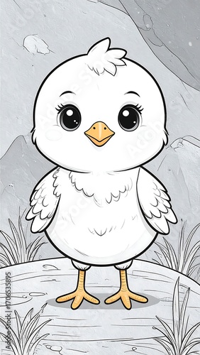 Cute white chick, cartoon style, on rock