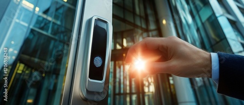 Hand using fingerprint scanner on modern glass door access control system