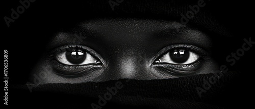 Close up dramatic black and white eyes portrait photography