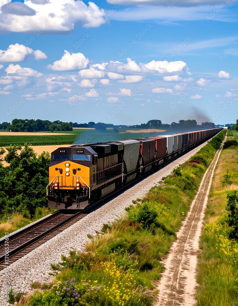 Naklejka premium Freight train traversing countryside under partly cloudy sky