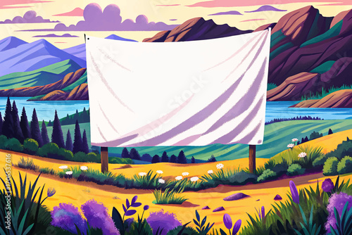 Large white canvas banner in grassy hilltop illustration vector, wilderness landscape, outdoor rustic surface, solitude scenic horizon, dramatic mockup placement, natural background