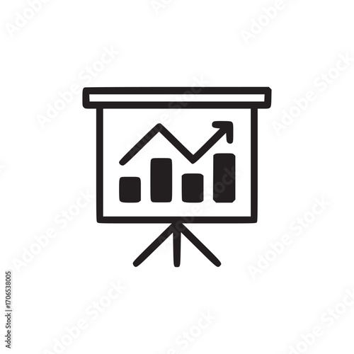 Illustration of a presentation board with a graph showing growth, this minimalist design represents business analytics, progress, and upward trends in a simple line drawing