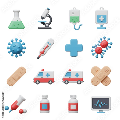 A collection of 3D icon set vector graphics depicting medical and healthcare symbols, including a beaker, microscope, and ambulance, on a clean white background with a focus on graphic