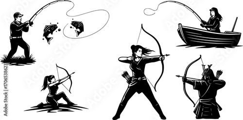 vector illustration of fishing and hunting, fishing, silhouette, fisherman, vector, sport, rod, bow, woman, illustration, archer, person, fish, people, black, arrow, angler, samurai, hobby, leisure