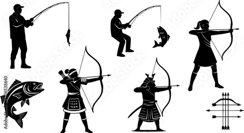 vector illustration of fishing and hunting, fishing, silhouette, fisherman, vector, sport, rod, bow, woman, illustration, archer, person, fish, people, black, arrow, angler, samurai, hobby, leisure