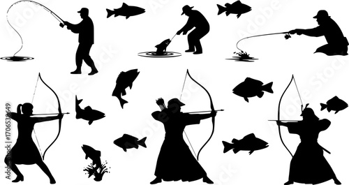 vector illustration of fishing and hunting, fishing, silhouette, fisherman, vector, sport, rod, bow, woman, illustration, archer, person, fish, people, black, arrow, angler, samurai, hobby, leisure