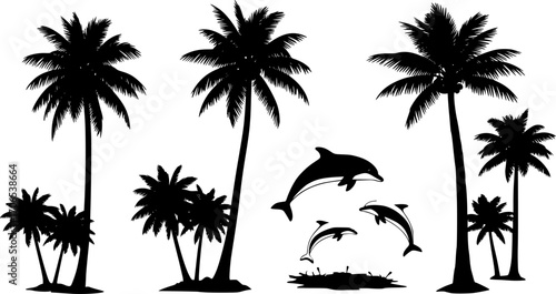 Palm trees and dolphins vector