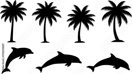 Palm trees and dolphins vector