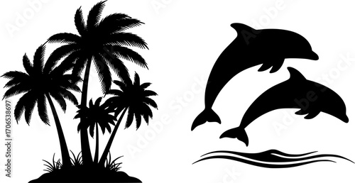 Palm trees and dolphins vector