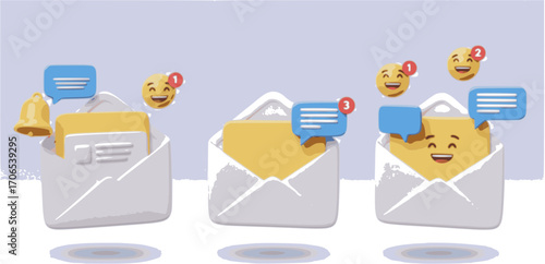 3D Opened letter in envelope with bell notification and blue speech bubble messages