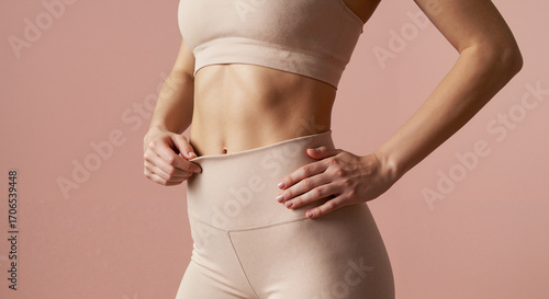 Woman showcasing body in fitted beige athletic wear against pink background  