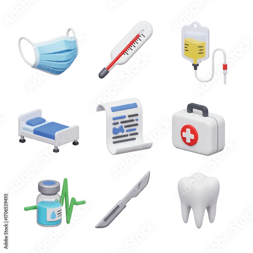 A collection of 3D icon set vector graphics depicting various medical and healthcare elements, including a face mask, thermometer, IV drip, hospital bed, medical chart, first aid kit,