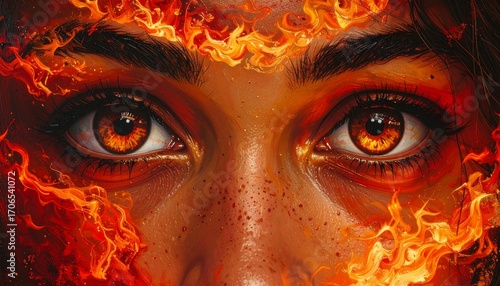 Macro cinematic view of a human eye reflecting fire, captured under dramatic lighting, highlighting intense emotion, fiery gaze, and expressive detail for a powerful and cinematic close-up
