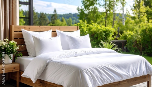 White bedding on wooden bed outdoors