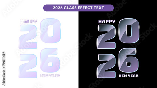 2026 Glass Effect New Year Text Split Background White Black Design Translucent Glossy Typography Overlay