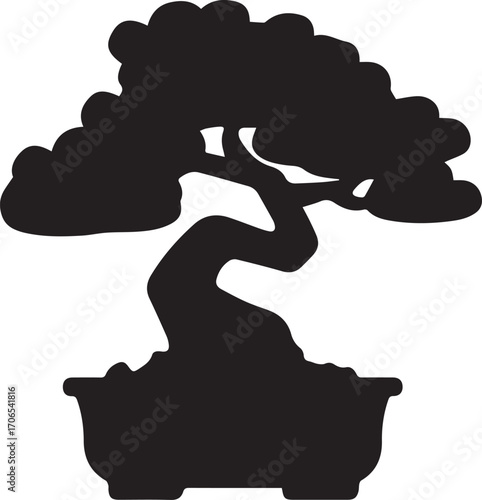 Silhouette of a bonsai tree in a pot, black and white minimalist design.