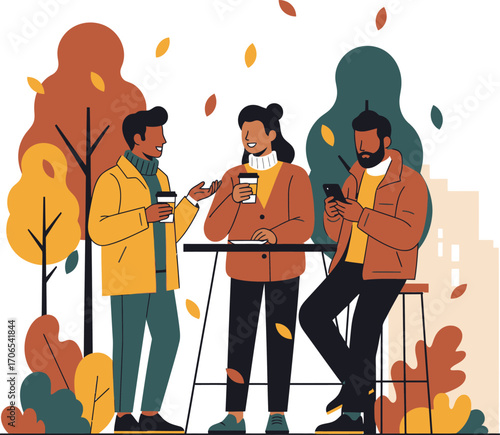 Friends enjoying coffee outdoors amidst autumn leaves and colorful foliage