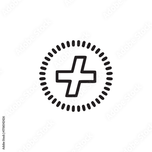Vector art of a simple plus sign icon inside a dotted circle, this minimalist design is perfect for medical, health, or additionrelated themes, offering a clean and modern visual element