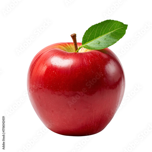 A single ripe red apple with a green leaf on a black background