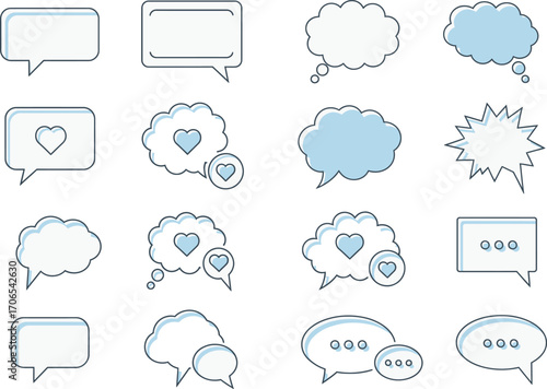 Collection of various speech bubble icons with hearts and ellipses for communication and social media