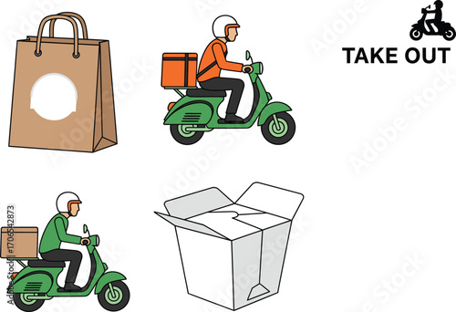 Food delivery service icons including scooters bags boxes and smartphone app