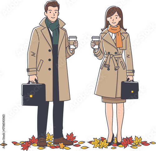 Professional couple enjoying coffee amidst autumn leaves wearing stylish trench coats