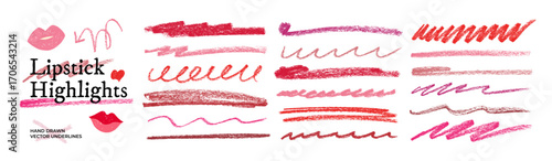 Lipstick brush lines, underlines and highlighters with crayon texture. Set of hand drawn red or pink pencil strokes. Vector doodle stroke for highlight and emphasize text. Makeup smears and swatches.