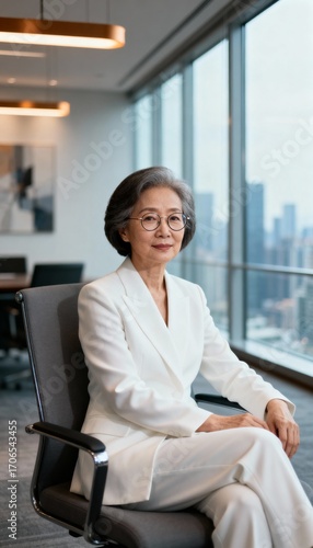 Senior Asian executive in white suit exudes elegance and authority Free Download Senior Asian executive in white suit exudes elegance and authority - GFXLoad