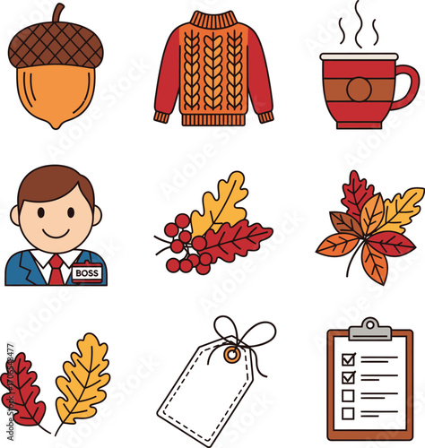 Autumn icons featuring acorn sweater hot drink leaves boss tag and checklist
