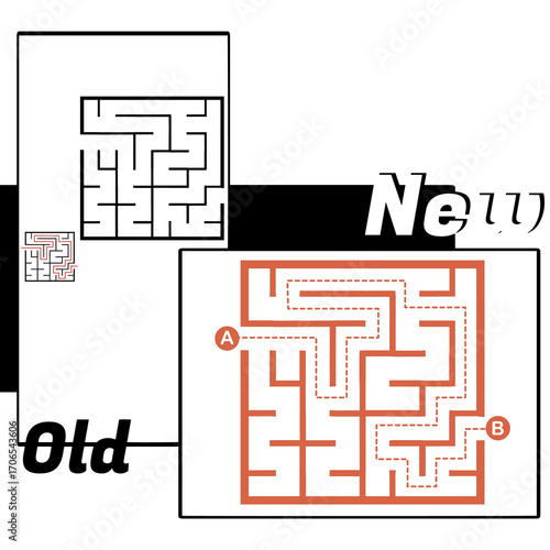Illustration with labyrinth, maze conundrum for kids. Baby puzzle with entry and exit. Children puzzle game. New and old for labyrinth.