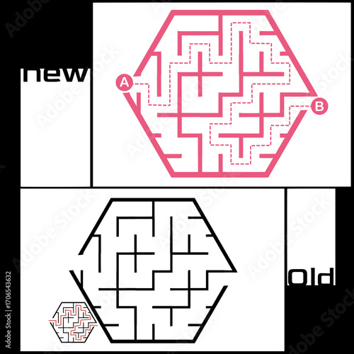 Illustration with labyrinth, maze conundrum for kids. Baby puzzle with entry and exit. Children puzzle game. New and old for labyrinth.