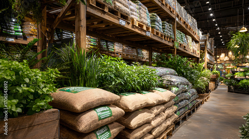 Well organized agricultural supply store displays variety of seeds, plants, and gardening equipment. shelves are stocked with bags of soil and fertilizers, creating vibrant and inviting atmosphere