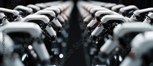 Multiple robotic arms in a row industrial automation technological concept