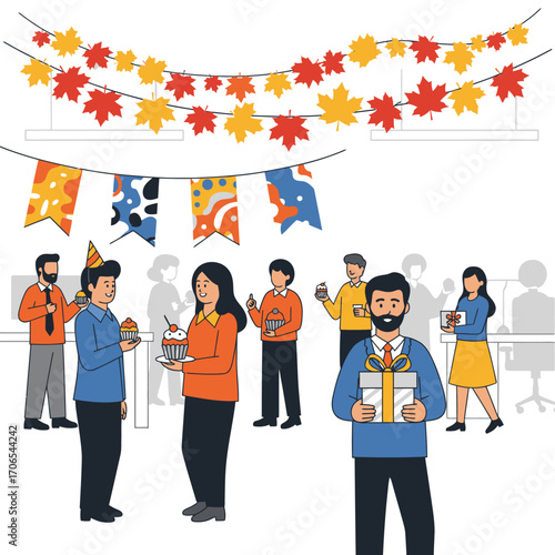 Office celebration with cupcakes gifts and festive decorations