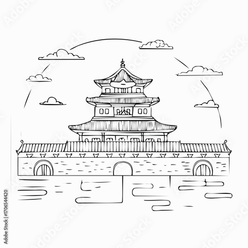Forbidden City clear vision simple black line art on white background