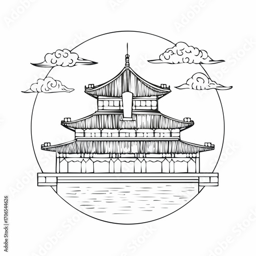 Forbidden City clear vision simple black line art on white background