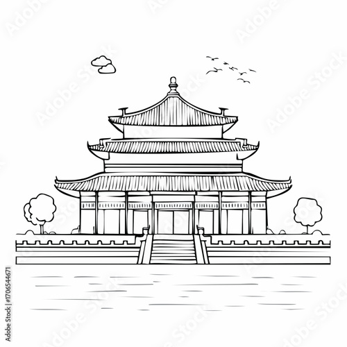 Forbidden City clear vision simple black line art on white background