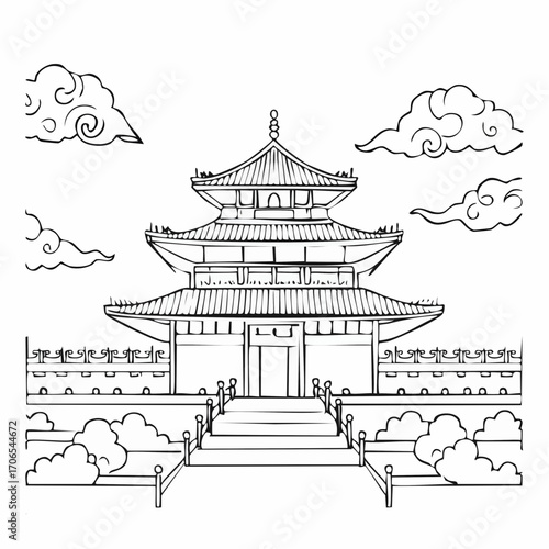 Forbidden City clear vision simple black line art on white background