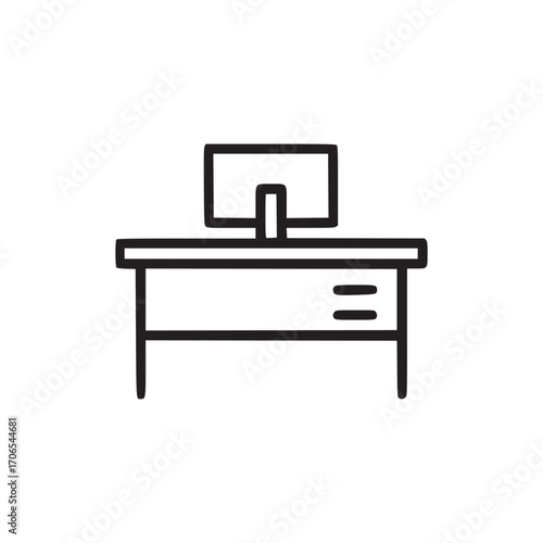 Illustration of a desk with a computer on top, the desk is simple and modern, with a clean design the computer is a desktop model, with a monitor and keyboard