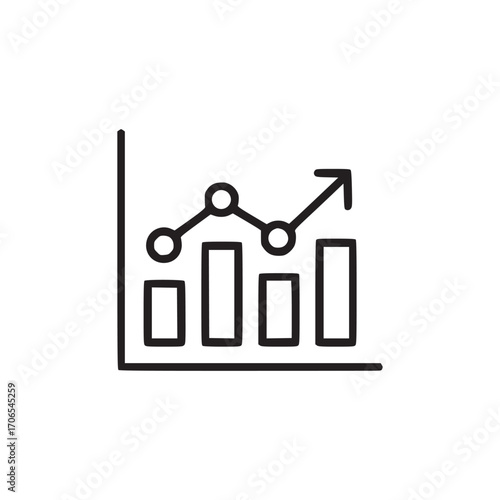 Vector art of a bar graph with an upward trending line, this icon represents growth, progress, and positive trends in business, finance, and data analysis, highlighting success