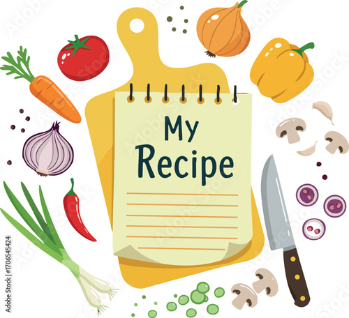 Recipe notebook with fresh vegetables and kitchen knife for cooking inspiration and meal preparation ideas vector illustration