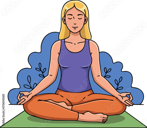 Woman meditating in lotus pose with purple top and orange pants on green mat in peaceful environment