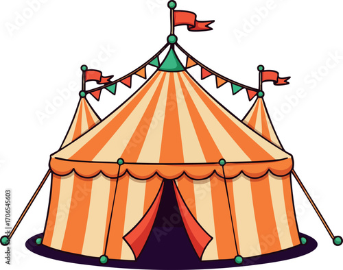 Circus tent with orange and white stripes and red flags festive carnival event vector illustration