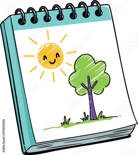 Spiral bound sketchbook with colorful drawing of smiling sun and green tree on white pages artistic stationary design for creativity and nature inspiration vector illustration