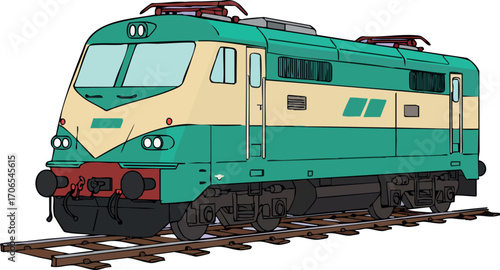 Electric train locomotive green cream colors railway transport vehicle vector illustration design